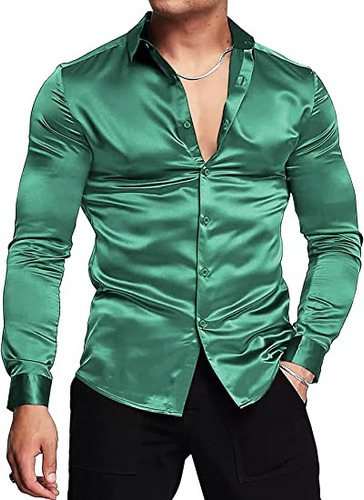 Camisa De Manga Larga De Satinada Color Liso Para Hombre