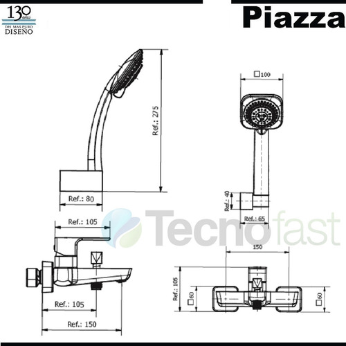 Grifería Piazza Arq Monocomando Ducha Ext C/ Transf Negra