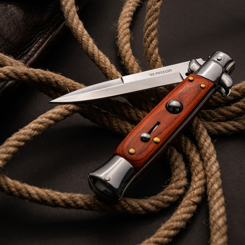 Navaja Estilete Con Boton Automático Cuchillo Acero Razor Madera