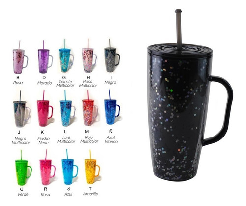 Paquete 2 Vasos Glitter Personalizados Con Asa Y Popote Moda