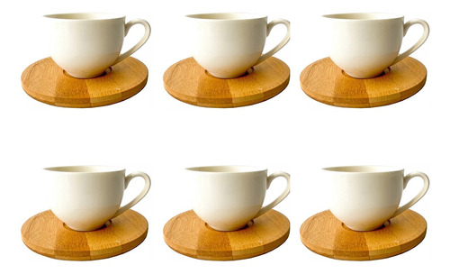 Set  X6 Tazas Ceramicas Bambu Platitos Te Cafe Bazar Trendy