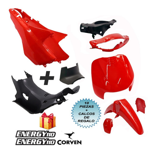 Kit Plasticos Corven Energy 110 Negro 10 P Rojo + Calcos