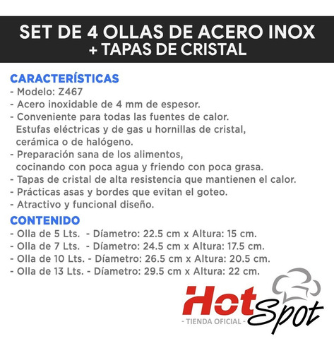 Imagen 3 de 4 de Juego De 4 Ollas Acero Inox Tapa Hot Spot 5 7 10 Y 13 Litros