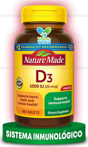 Nature Made Vitamina D3 Salud Inmunológica 1000 Iu 300 Tabs Sabor Sin Sabor