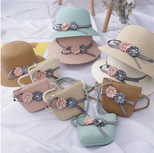 2 Unids/set Niñas Verano Playa Paja Flor Sombreros Con Bolsa