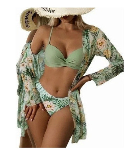 Falda De Playa Kimono Para Mujer + Conjunto De Bikini Florea