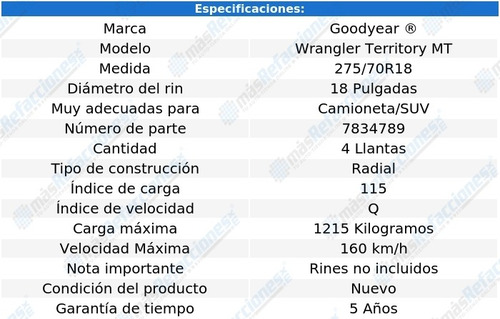 Pack 4 Llantas 115q Goodyear Wrangler Territory Mt 275/70r18
