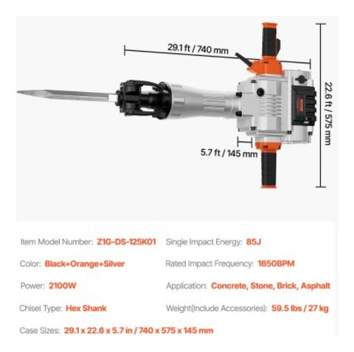Martillo Demoledor De Hormigón De 2100 W Con 2 Brocas Concel Naranja-plateado
