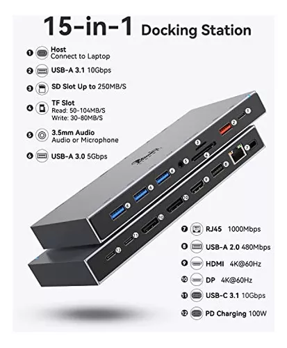Estación de acoplamiento USB C Dual HDMI, USB C a Dual Monitores Adaptador  a Dual 4K HDMI, 3 USB, puerto de carga PD, LIONWEI USB C Hub Dual Monitor