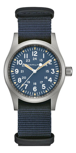 Reloj Hamilton Khaki Field Mechanical H69439940 Correa Azul Bisel Plateado Fondo Azul