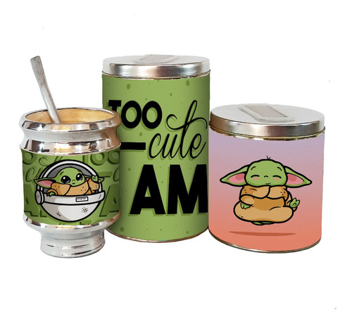 Imagen 1 de 2 de Combo Mate Aluminio Madera Yerbera Azucarera Latas Baby Yoda