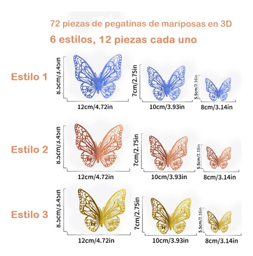 72 Mariposas Decorativas, 3 Estilos Y 3 Tamaños Color Color Mixto