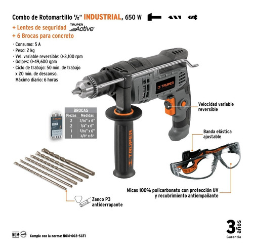 Imagen 3 de 9 de Combo Rotomartillo 700w C/brocas Lentes De Seg Truper 100292 Frecuencia 60 Hz Color Gris