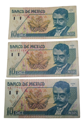 Billetes 10 Pesos Emiliano Zapata 3 Piezas Series P, Q Y R