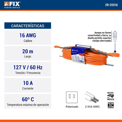 Imagen 2 de 4 de Extensión Uso Rudo 20 Mt Cal. 16 Volteck 48049