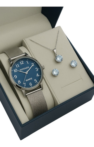 Relógio Feminino Prova D Água + Kit Colar E Brincos + Caixa Preta Prata Azul Metálico