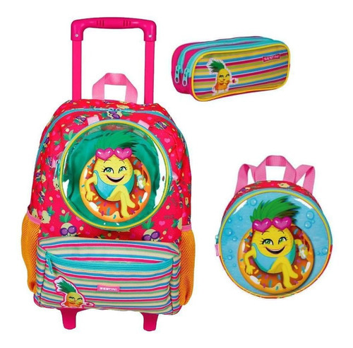 Mochila Escolar Infantil Rodinha Com Lancheira E Estojo Rosa