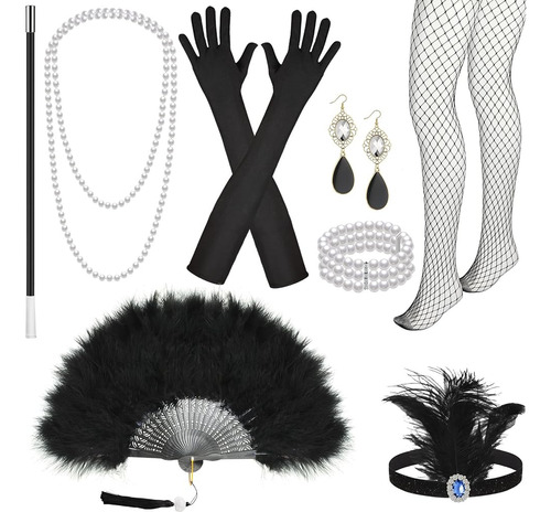 8 Piezas De 1920s Flapper Costume Accessories Set Black Feat