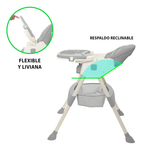 Silla alta periquera bebe Kiddos mecedora con llantas 5 en 1 ajustable y plegable asiento piel bandeja extraíble segura color gris