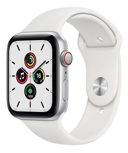 Apple Watch SE (GPS + Cellular, 44mm) - Caja de aluminio color plata - Correa deportiva Blanca