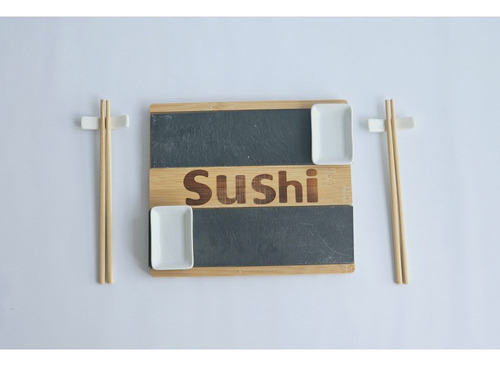 Set Sushi 2 Personas Bandeja Piedra Palitos Bowl Porcelana Color Blanco Liso