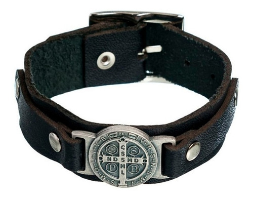 Pulseira Masculina São Bento De Couro Cruz Sagrada Tamanho