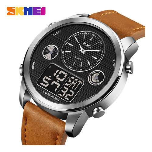 Reloj Grande Skmei 1653 Correa Cuero Hora Mundial Cronómetro Color de la malla Plateado - cafe