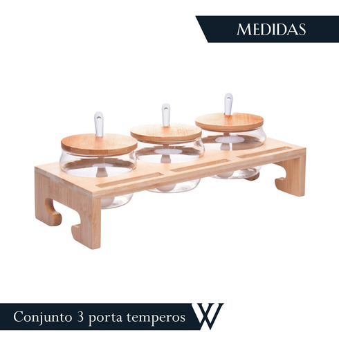 Porta Temperos de Vidro Borossilicato com Tampa e Suporte de Bambu Conjunto Com 3 Potes de 230ml - Wolff
