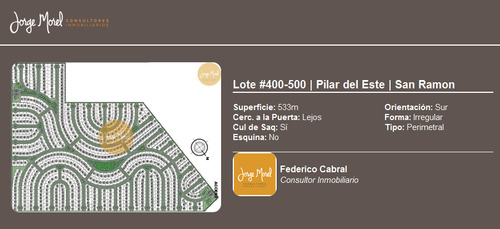 Lote Perimetral #400-500 - Pilar Del Este - San Ramon - 533m2 #id 16707