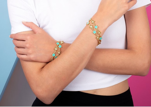 Pulsera Con Estrellas Doradas Y Azul Turquesa Joyería Dorado 18 Cm 18 Cm
