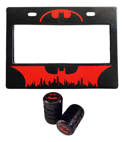 Set 1 Portaplacas Moto Batman Rojo + 2 Tapones Aire 