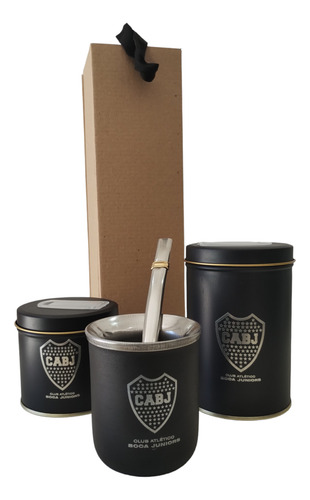 Set Matero Clubes Grabado Láser Con Caja Completo Negro Boca Juniors