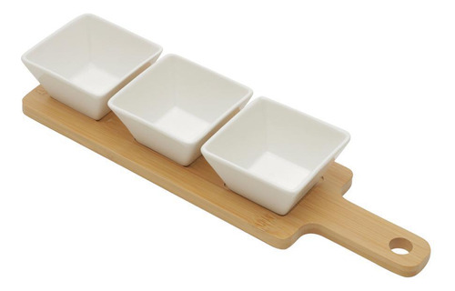 3 Petisqueiras Com Bandeja Wolff De Bambu Branco 31cm X 9cm