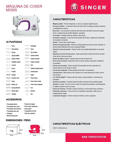 Máquina De Coser Singer M3505 Trabajo Continuo 32 Operac Luz