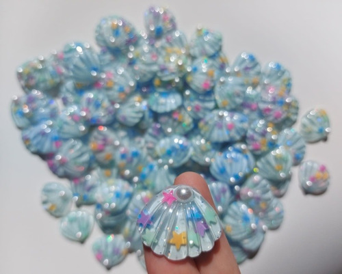 Imagen 2 de 3 de 12 Apliques De Resina Concha Azul Bebé Con Perla 3 Cm