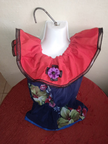 Blusa Llanera De Niña Talla 6-8 Años Azul Y Rojo Diseño Flor