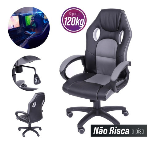 Cadeira Gamer Reclinável Giratória Ergonômica Zone Race Cor Preto/cinza