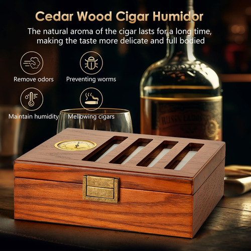 Humidor De Cedro Con Cerradura Y Ventana, Para 25 Puros