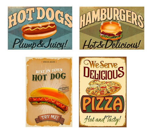 Carteles Metalicos Pack 4 Hot Dogs -completos Avisos  20x30 