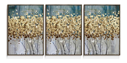 Quadro Decorativo Botânico Abstrato Dourado Gold Folhas Sala