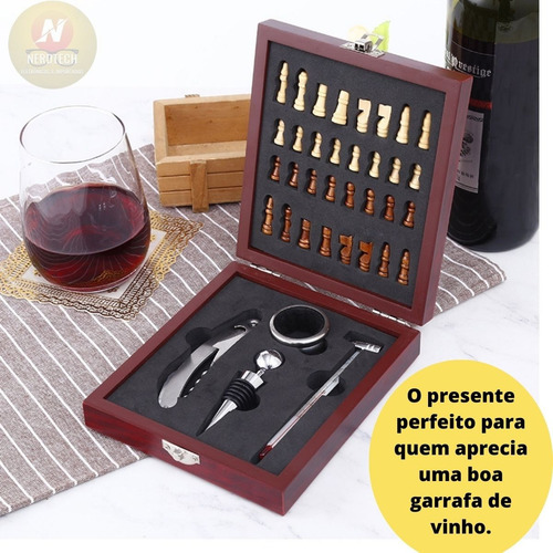 Imagem 6 de 7 de Kit Abridor Vinho Maleta Madeira Jogo De Xadrez Saca Rolha
