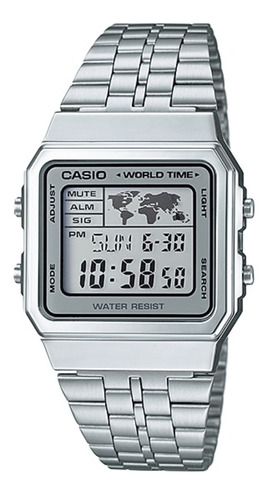 Reloj de pulsera Casio Vintage A500WGA-9DF de cuerpo color plateado, digital, fondo blanco y gris, con correa de acero inoxidable color plateado, dial negro, minutero/segundero negro, bisel color plateado, luz ámbar y hebilla de gancho