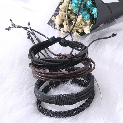 Pulsera Set Cuero Hombre Brazalete Manillas + Envio Gratis
