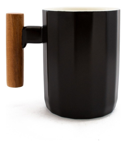 Taza Jarro Mug De Porcelana Negro Nordico Mango Madera