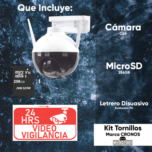Ezviz Cámara C8C-PLUS-256 PT IP 2MP WiFi Con MicroSD De 256GB + Deteción Humana Con Seguimiento Inteligente Y Vision Nocturna a Color Campo Visual de 360° Protección IP65 Para Uso Exterior C8C