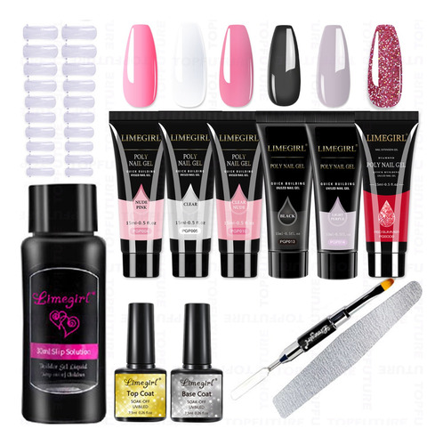 Kit Uñas Polygel 15mlx6 Gel Base Top Slip Solución Tipsx20