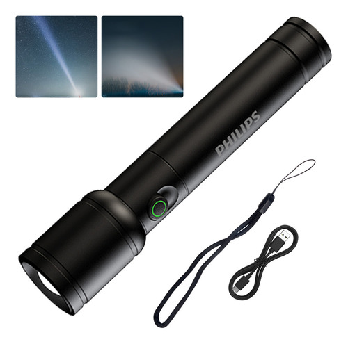 Philips Linterna Tactica Linternas Potentes Led Recargable Impermeable 300lm 5w Brillo Fuerte Alcance Luz Blancasúper Largo Esencial Para La Pesca Al Aire Libre Negro Aleación De Aluminio Sfl-2124