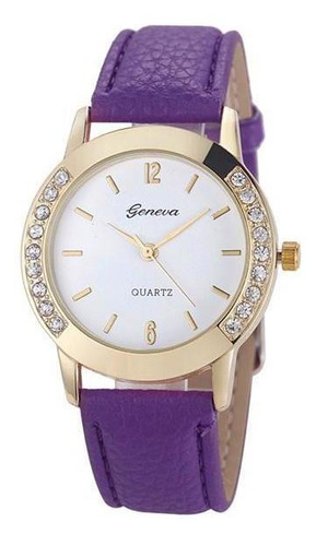 Reloj de pulsera analógico morado con diamantes de imitación dorados para mujer