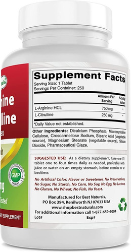 L-arginina Con L-citrulina Complejo (1000mg) Best Naturals Sabor S/n