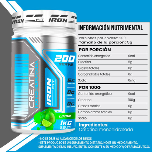 Glúteo Peptonas + Creatina Monohidratada Iron Fit 1kg Sin Sabor - Limón